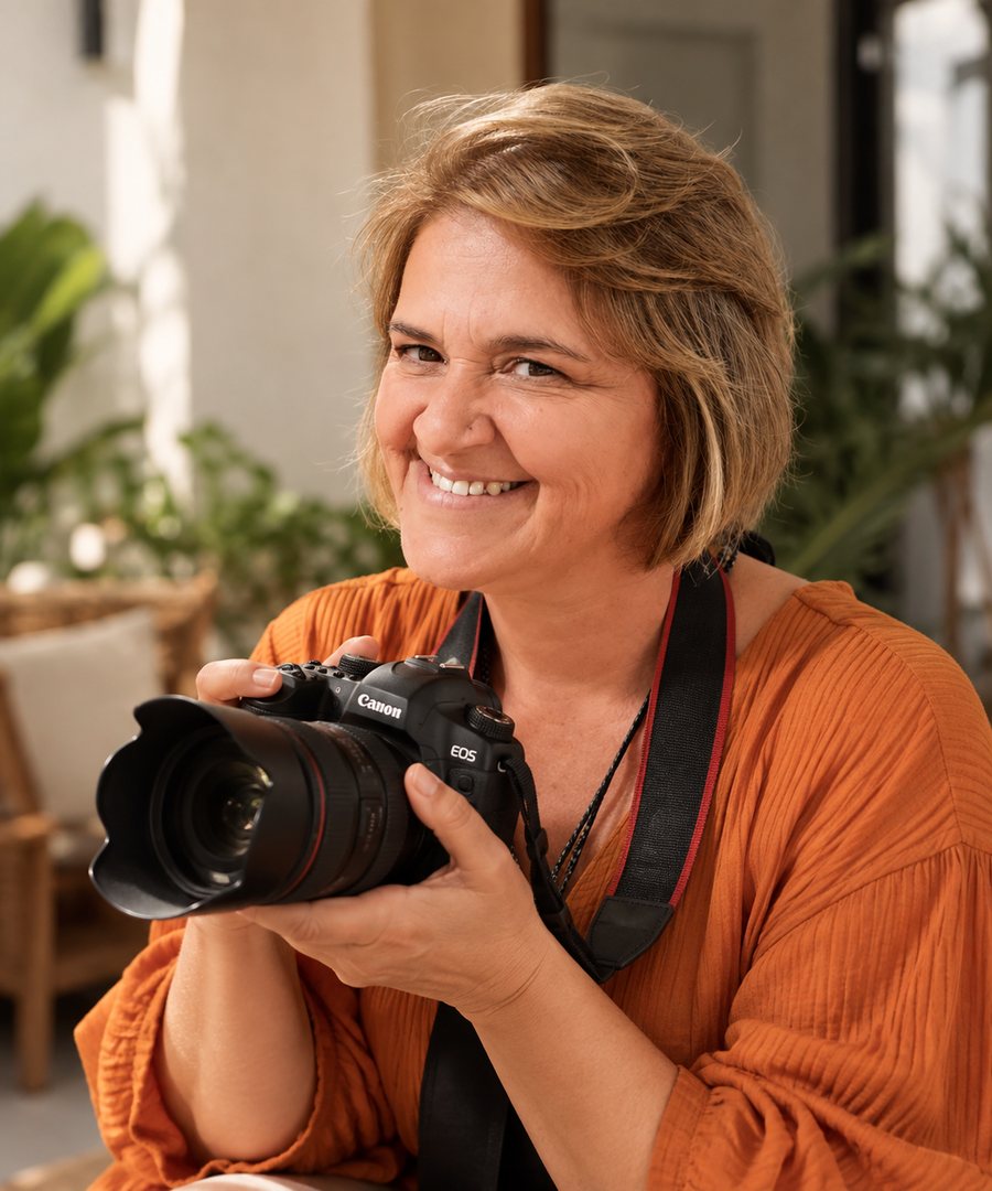 Sumaia Garcia sorrindo com câmera profissional durante ensaio fotográfico